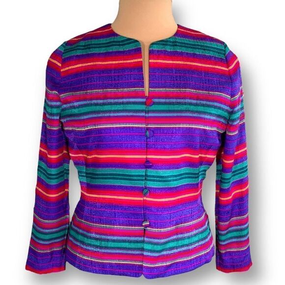 Vintage Adrianna Papell Jacket Collarless Hourglass Blazer Silk Rainbow Stripe - Picture 1 of 11